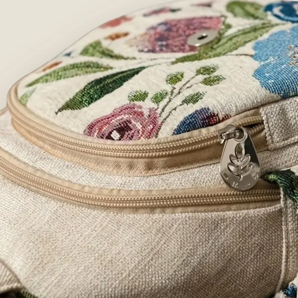 Like New Floral Embroidered Linen Mini Backpack in Natural